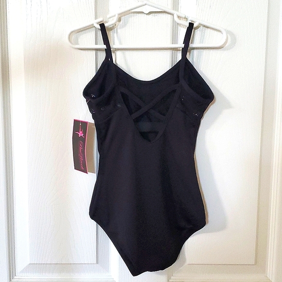 NWT Pau Brook Dancewear Black Ballet Leotard with Black Glitter Polka Dots - Picture 3 of 6